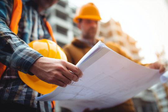 Close up, Engineer and builder reviewing architectural plans at construction site - Powered by Adobe