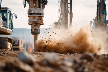 Heavy machinery drilling deep foundation piles, dust rising in sunlight,
