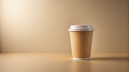 A Single Disposable Paper Coffee Cup with Lid on a Neutral Background