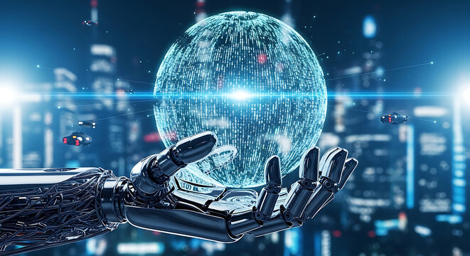Advanced robotic hand holding a glowing digital data sphere over a futuristic cityscape at night.