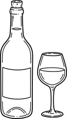 Wine Bottle and Glass Line Art Illustration.