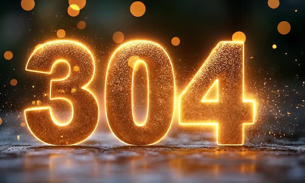 Glowing golden numbers 304 on dark surface  Sparkles and light effects