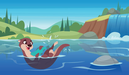 Otter. Wild animal otter fishing in river or lake exact vector outdoor cartoon background