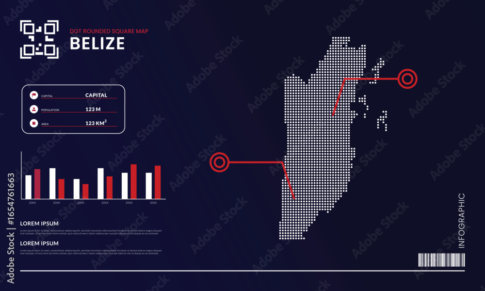 Poster pixel style rounded square dot belize map with infographic template
