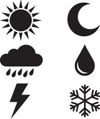 Weather Icons Silhouette Collection Sun Moon Rain Snowflake Lightning Drop cloud