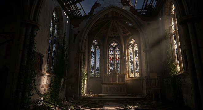 Photo of abandoned gothic church interior with sunbeams