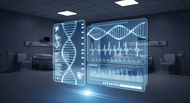 Futuristic holographic displays showing DNA and medical data in a hospital or laboratory setting, representing advanced genetic research and healthcare technology.