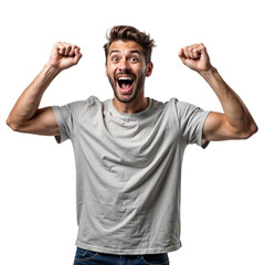 Fototapeta premium Excited young man cheering with fists isolated on transparent background