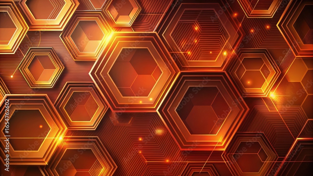 Poster abstract hexagon pattern with glowing orange hues and linear designs