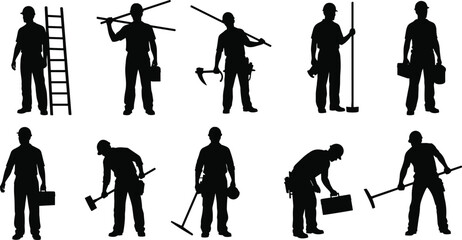 Fototapeta premium Construction worker silhouettes, labor tools, industrial equipment, hard hat icons, manual work poses, vector illustration, black art, job site graphics