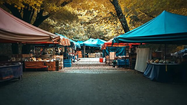 Scenic autumn market: A captivating view of vendors' stalls in a vibrant outdoor setting