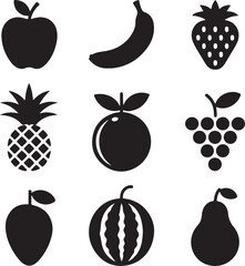 Fruit Icons Set Apple Banana Strawberry Pineapple Orange Grapes vector illustration