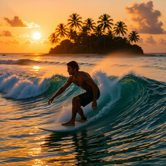 Surfer catches a wave at sunset on a tropical island with palm trees — dynamic photo of outdoor activities and natural beauty