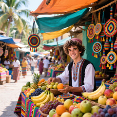 Vibrant Oriental Market: Smiling vendor offers fresh fruits amid colorful souvenirs and tropical atmosphere