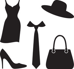 Fashion Icons Set Dress Tie Hat Handbag High Heel Isolated vector illustration