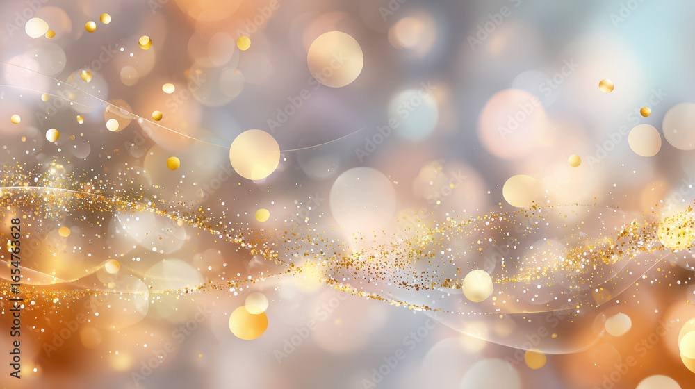 Poster abstract background with golden bubbles and shimmering particles creating a dreamy and festive atmos