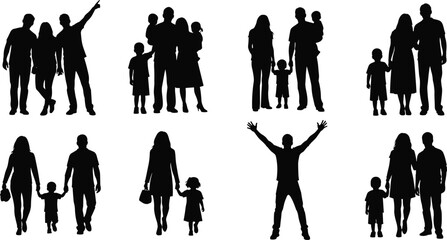 Family silhouettes, diverse family groups, parents with children, standing poses, holding hands, parenting concept, unity, love,  relationships, happy family, child care, father mother 