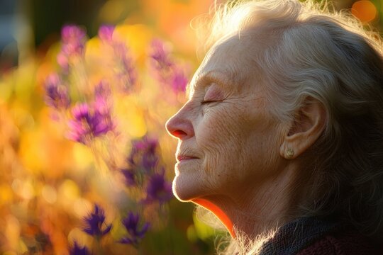 Close-up profile view of a serene senior woman outdoors. - Powered by Adobe