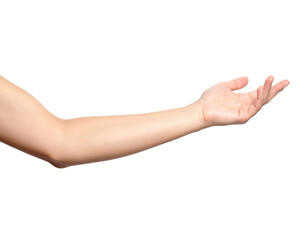 Fototapeta premium Human hand and arm extended in open palm gesture on transparent background for design mockups