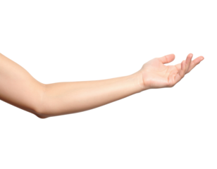 Human hand and arm extended in open palm gesture on transparent background for design mockups