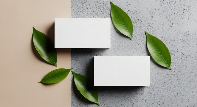 Minimalist branding mockup featuring blank white business cards arranged with fresh green leaves on a split textured concrete and paper background.