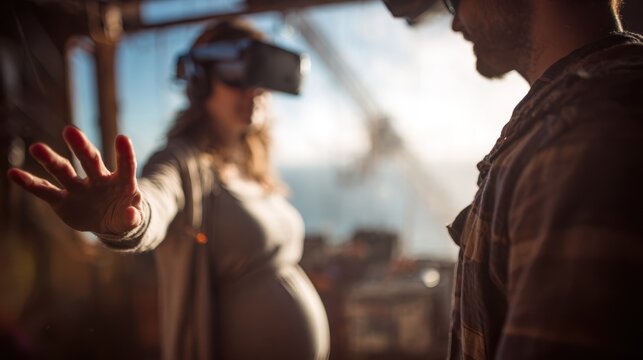 Medium shot capturing a pregnant woman reaching out toward a VR interface her partner immersed in the prenatal session from a rugged oilrig cabin background elements softly