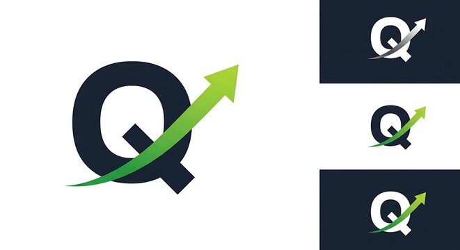 Letter Q logo with a green arrow pointing upwards, symbolizing growth and progress, shown on white and dark backgrounds. - Powered by Adobe