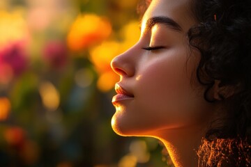 Close-up profile view of a woman's face bathed in warm sunlight.