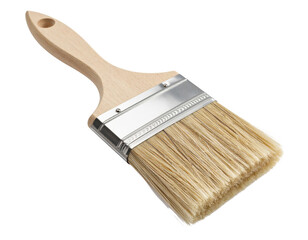 Paint brush with wooden handle, metal ferrule, and natural bristles on transparent background for painting, renovation, and DIY project concepts.