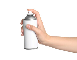 Hand holding white aerosol spray can with finger pressing dispenser button on transparent background for product and hygiene concepts.