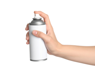 Hand holding white aerosol spray can with finger pressing dispenser button on transparent background for product and hygiene concepts.