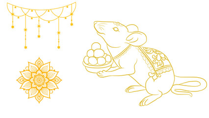 Mushakraj Holding Modak – Elegant Outline Drawing – Hindu Festival Mascot Vector, Ganesha Vehicle (Vahana) Mouse – Minimal Gold Stroke Illustration – Isolated PNG/EPS