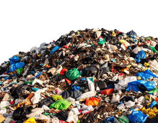 Large pile of mixed garbage and plastic bags creating environmental waste dump isolated on transparent background for pollution awareness concepts.