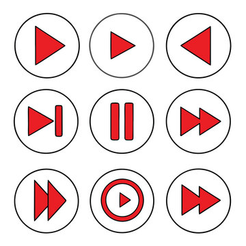 Editable vector set of circular multimedia buttons featuring play, pause, and stop symbols for audio and video interface design.