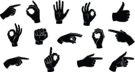Hand gesture silhouette icons, black hand signs, communication symbols, pointing, thumbs up, OK sign, fist, open palm, vector illustration