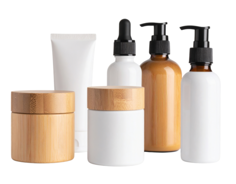 Natural bamboo and white cosmetic containers with pump dispensers, dropper bottle and cream jars isolated on transparent background for eco-friendly skincare packaging.