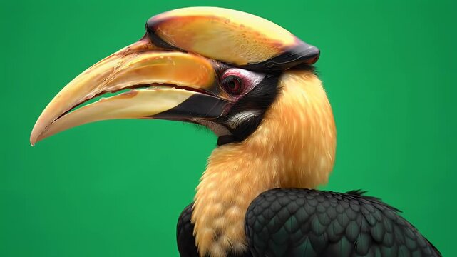 Exotic hornbill bird profile. Close-up of large yellow beak and casque against a vibrant green background.