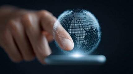 A hand is pointing at a globe on a cell phone