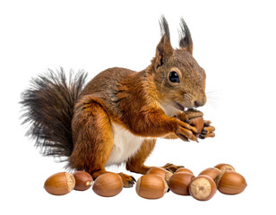 Adorable red squirrel eating acorn while surrounded by scattered nuts on transparent white background