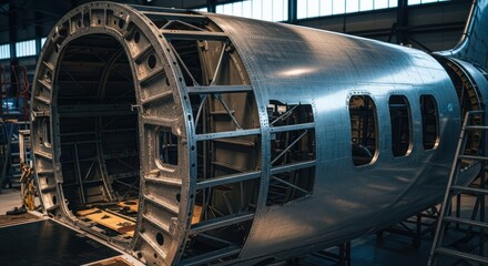 Aircraft fuselage section, partially assembled.  Metal, structural,  in a hangar