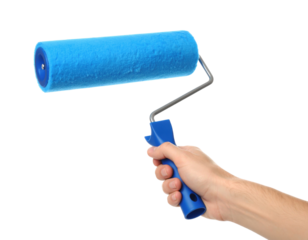 A close-up of a person's hand holding a bright blue paint roller on a transparent background.