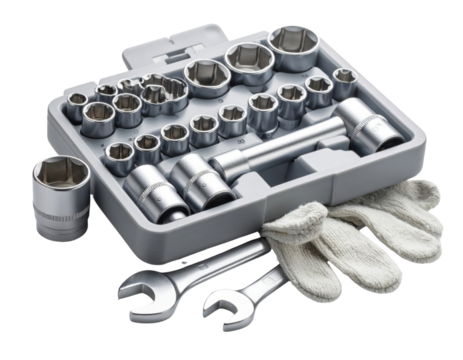 Complete socket wrench set with metric sockets, extension bars, work gloves and open-end wrenches in organized case on transparent background for automotive and mechanical tools.