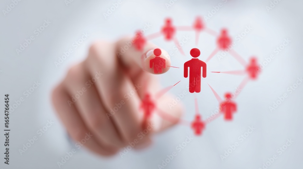 Poster a hand pointing to a red circle with a red person in the middle