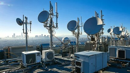 Rooftop communication antennas and city skyline, showcasing urban technology landscape - Powered by Adobe