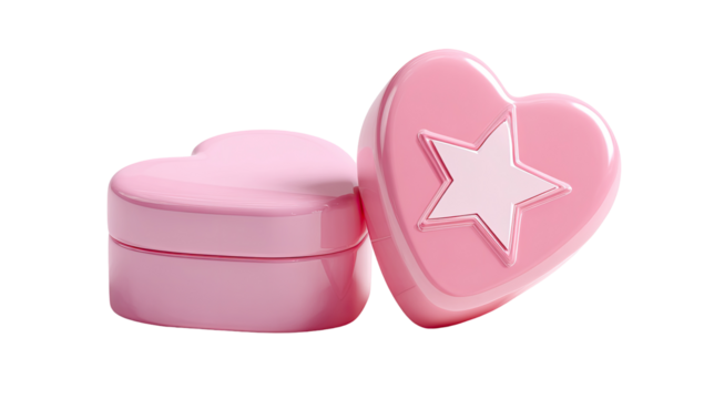 Two heart-shaped, pink cosmetic containers.  One heart overlaps the other; a white star is on the visible heart.  Glossy, 3D rendering