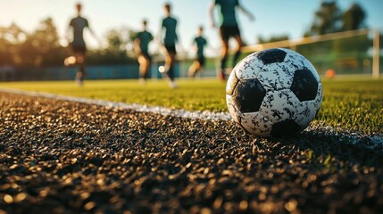 A soccer ball on a grass field with players in the background. The sports concept of a game is being played. The image emphasizes the activity and motion of the players.