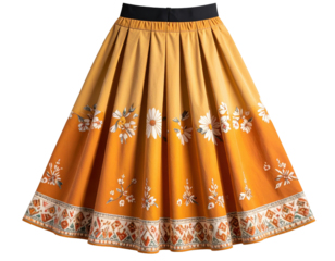 Vibrant orange pleated midi skirt with white floral embroidery and decorative border trim featuring bohemian ethnic pattern design.