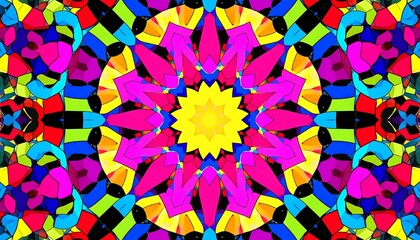 A vibrant, colorful, and intricate mandala design showcases a kaleidoscope of shapes and hues.