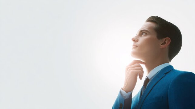 A man in a blue suit is looking up at the sky