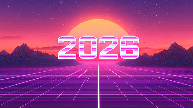 Pink glowing 2026 digits with bright neon sun over purple retro grid and mountain silhouette - Powered by Adobe